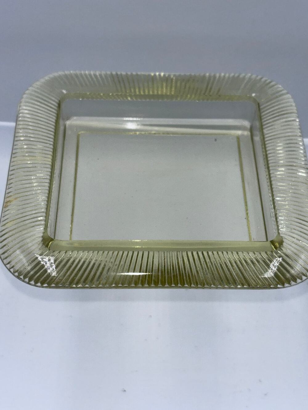 Vintage Yellow Glass Square Dish Ribbed Vaseline Ribbed Border